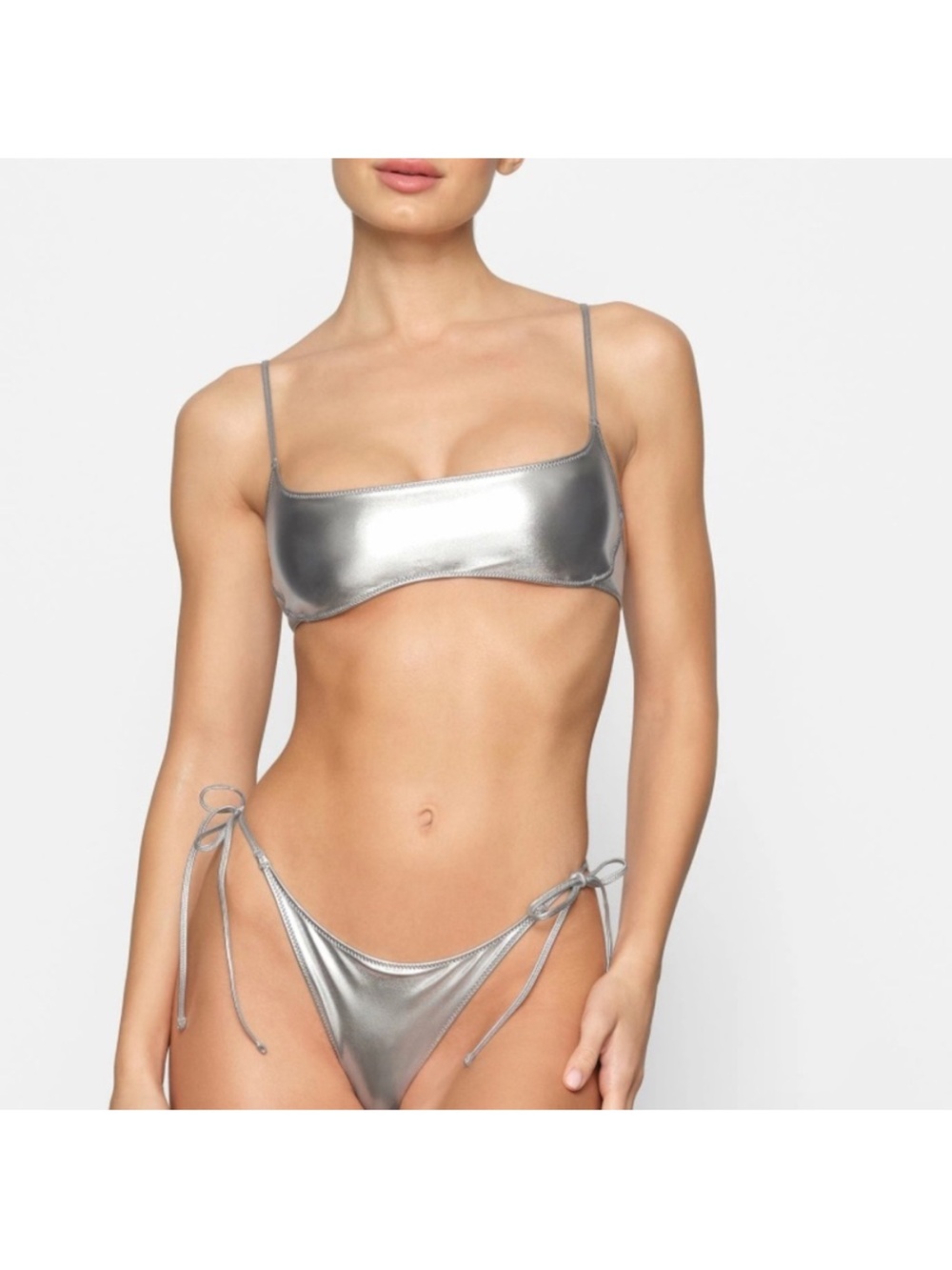 Skims metallic swim micro scoop bikini top in nickel NWT size L